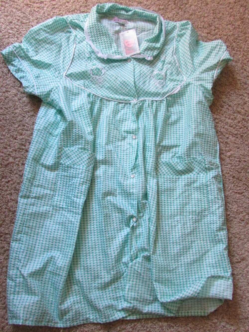 NWT Moo Moo Gown Lati Fashion 3X Green White Checked Night Snap Nightgown Robe